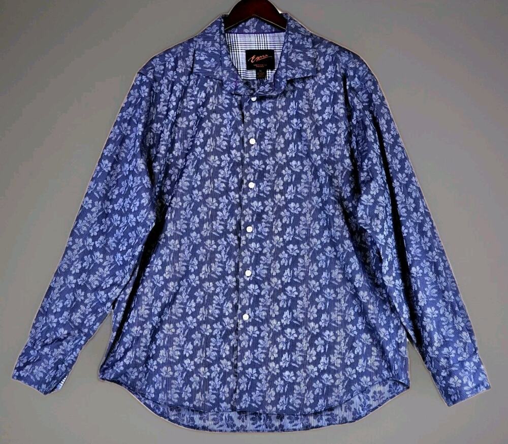 Egara Slim Fit Dress Shirt Men's Size XL Stretch Non Iron Blue Textured Floral